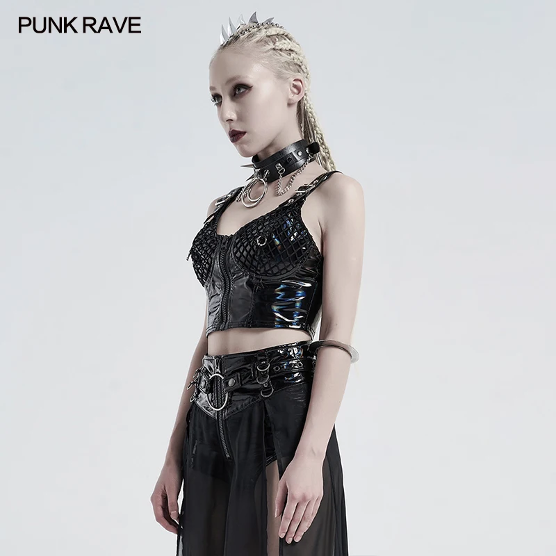 PUNK RAVE Women's Punk Strap Dark Sexy Vest Press Bright Light Elastic Adjusted Metal Buckle Summer Sling Tanks Tops for Women