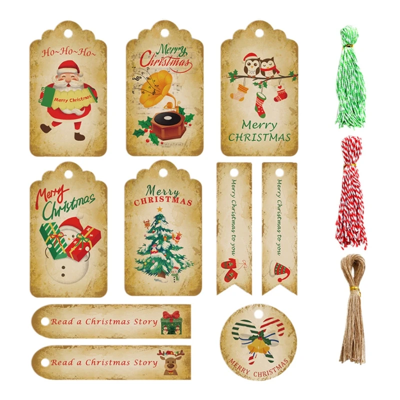 

150Pcs Christmas Kraft Paper Gift Wrap Tags with String Rope Colorful Cartoon Santa Patterns Holiday DIY Hang Labels
