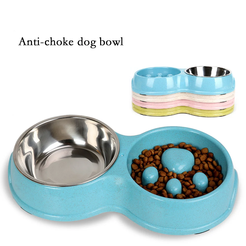 

Eco-friendly Stainless Steel Dog Bowls Anti-choke Puppy Feeder Two-Bowl Cat Feeder Slow Feed Dog Bowl