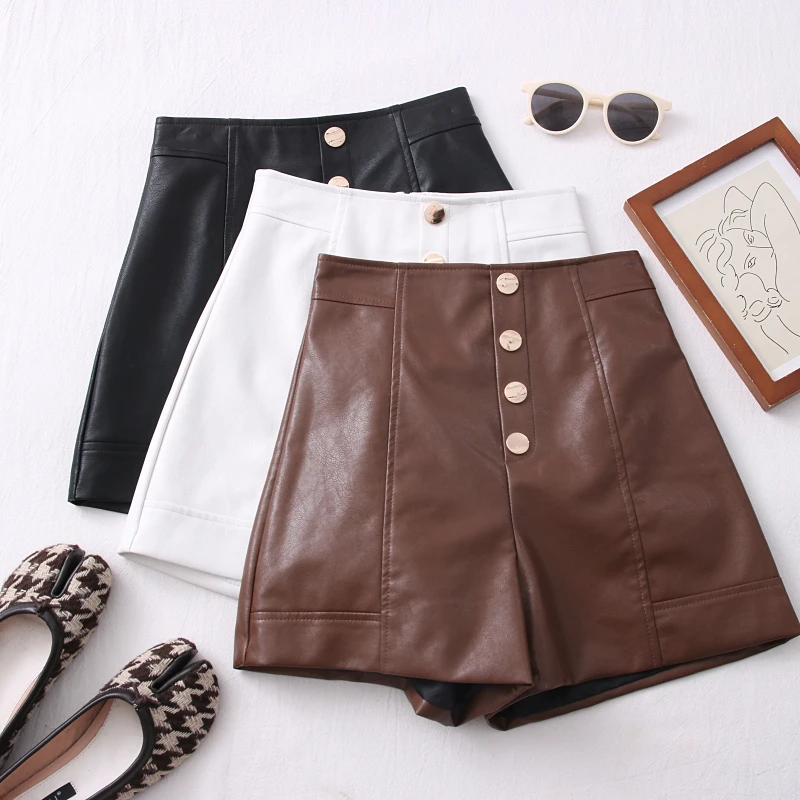 

2021 Nieuwe Pu Lederen Broek Vrouwen Shorts Alle-Wedstrijd Sjerpen Wijde Pijpen Korte Dames Sexy Lederen Broek Herfst Winter