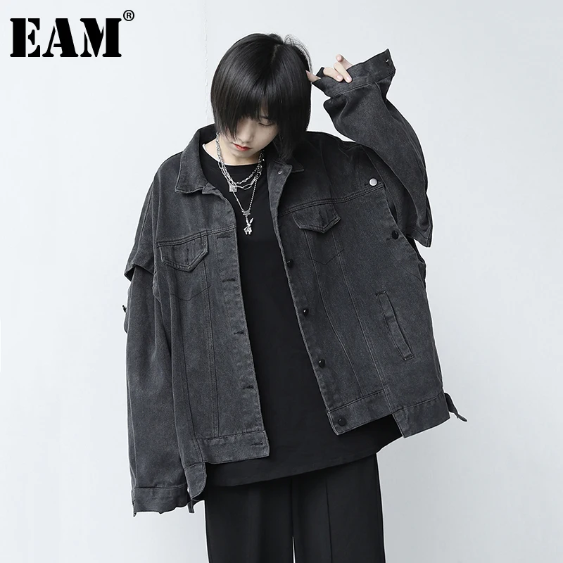 

[EAM] Loose Fit Two Ways Wear Big Size Denim Jacket New Lapel Long Sleeve Women Coat Fashion Tide Spring Autumn 2022 1DB719