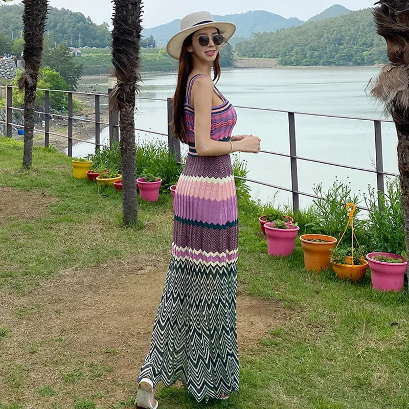 

2020 Summer New Elegant Slim Sling Long Waist Knitted Stitching Contrast Color Simple Printing Big Swing Wavy Holiday Dress