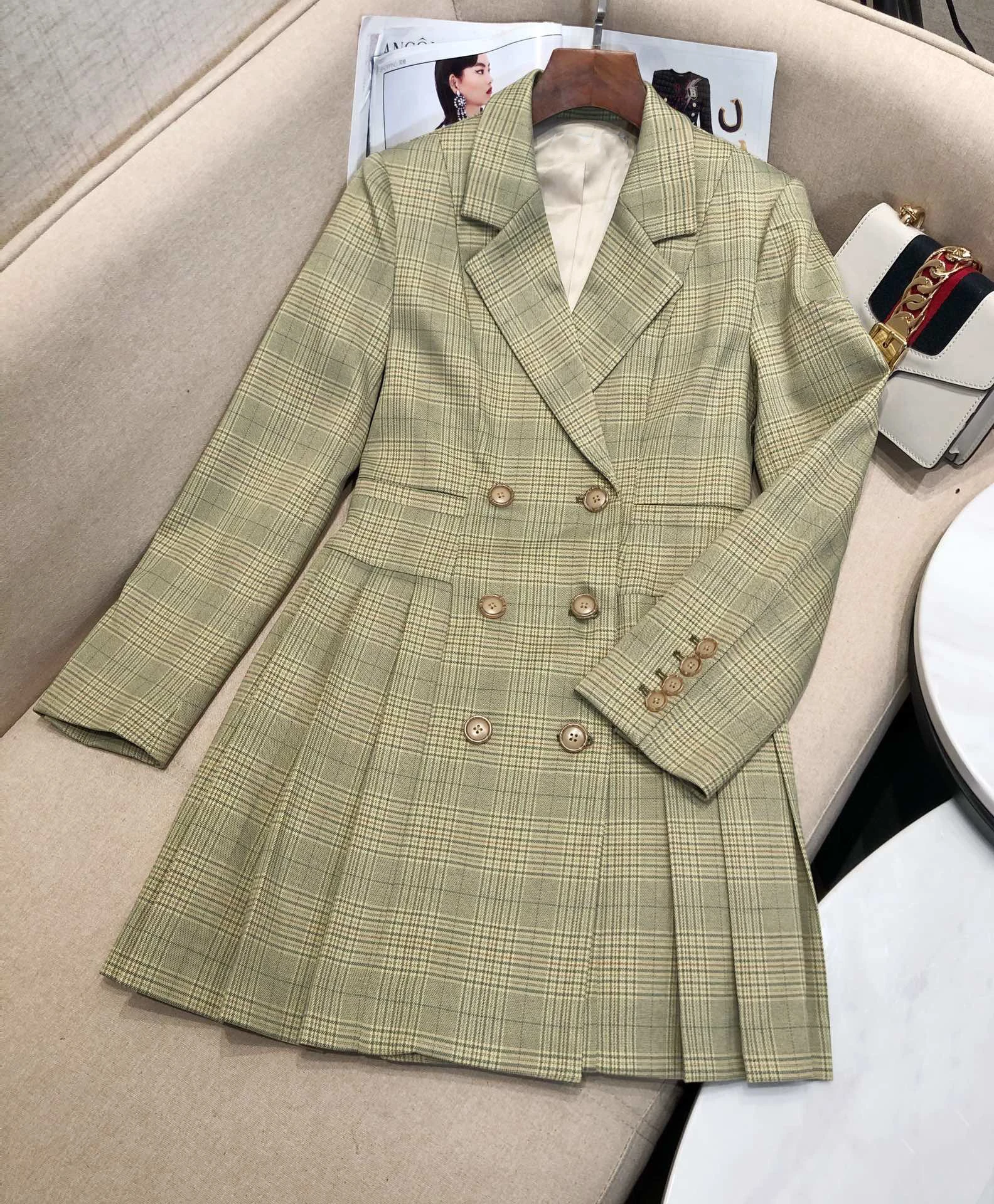 

fashion new ladies 2023 long sleeve lapel retro plaid dress 1009