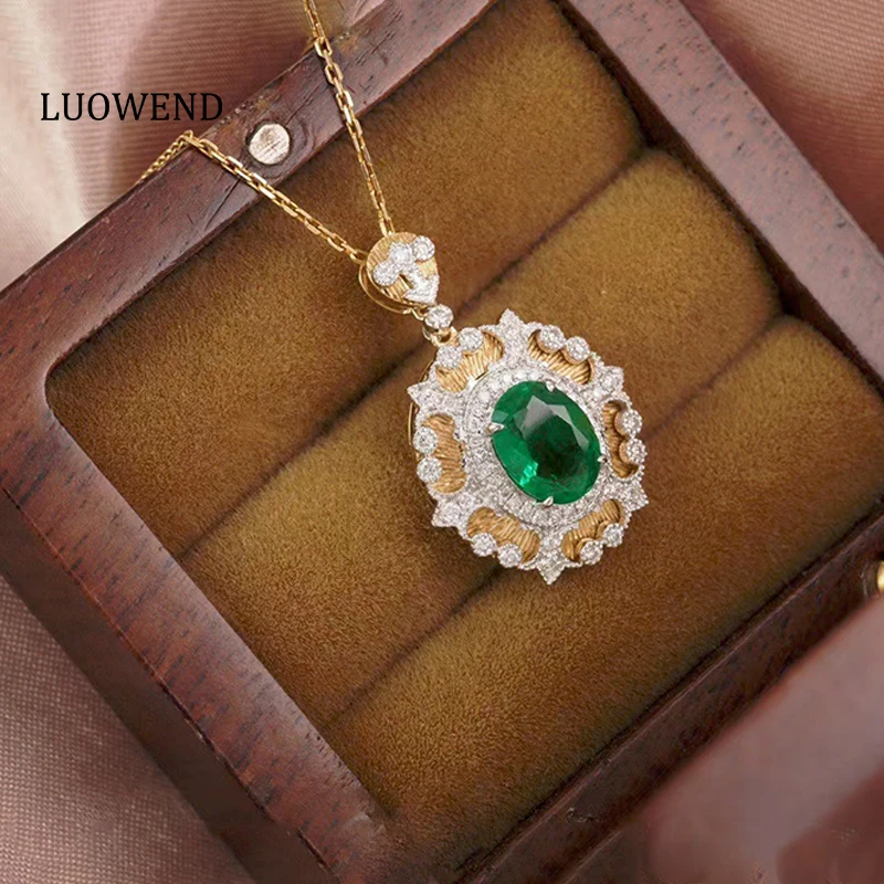

LUOWEND 18K Solid White Gold Emerald Pendant Necklace Real Natural Diamond Women Engagement Necklace Luxury Anniversary