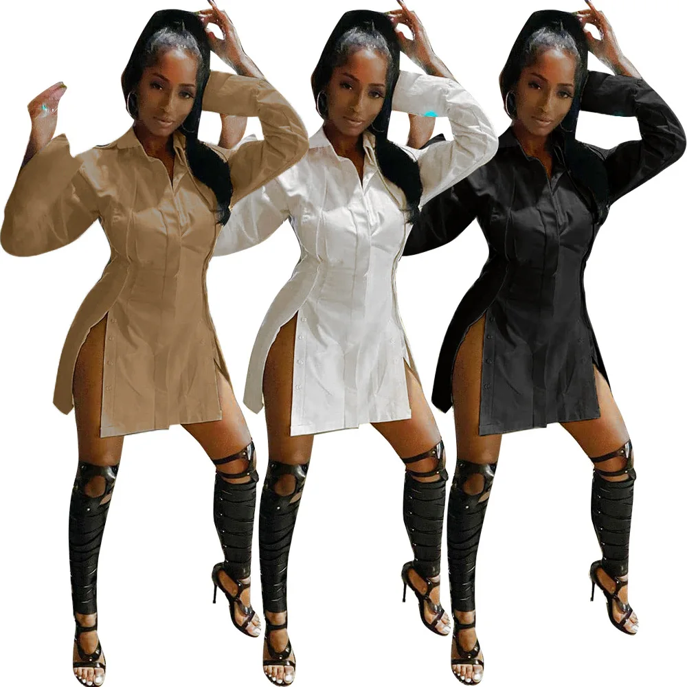 

Sexy X-long Sleeve Shirt Dress Women Streetwear High Split Button-up Dresses 2021 Club Party Wear Turn Down Collar Elegant Dress