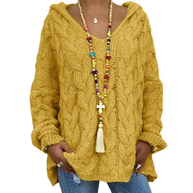 

Autumn Winter Hooded Sweater Women Long Sleeve Loose Knitted Sweater Pull Tops Casual Vintage Ladies Elegant Pullover Jumpers