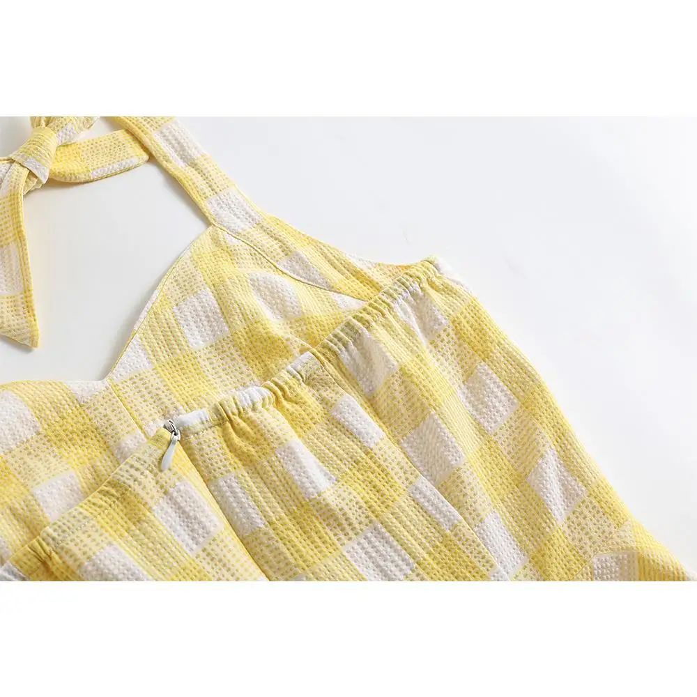 

Y2K Vestidos Summer Halter Yellow Plaid Dress VD1993 Vintage Hepburn British V-neck Sexy Party Pin Up Dresses