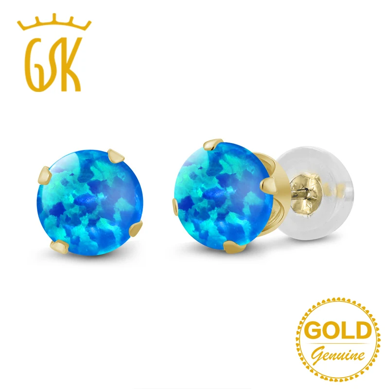GemStoneKing 0 50 Ct Круглые Кабошон 4 мм синий искусственный опал 14K желтое золото серьги