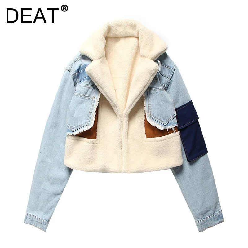 

DEAT Leisure Full Sleeve Wool Liner Wde Waisted Turn Down Collar Women Slim Patchwork Woolen Coat 2020 Autumn Winter New TD659