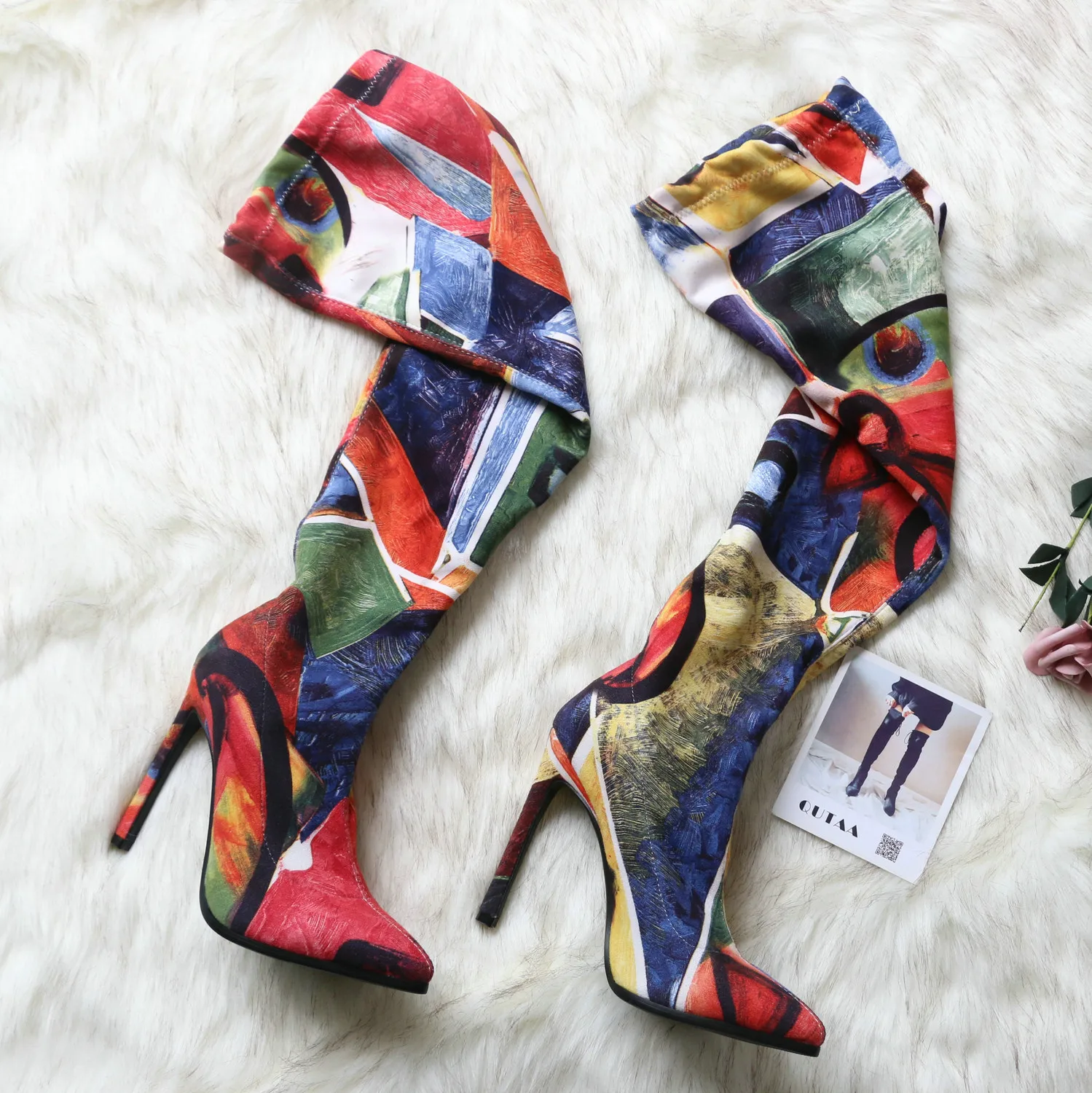 Ботфорты QUTAA женские на тонком высоком каблуке эластичные пикантные модные