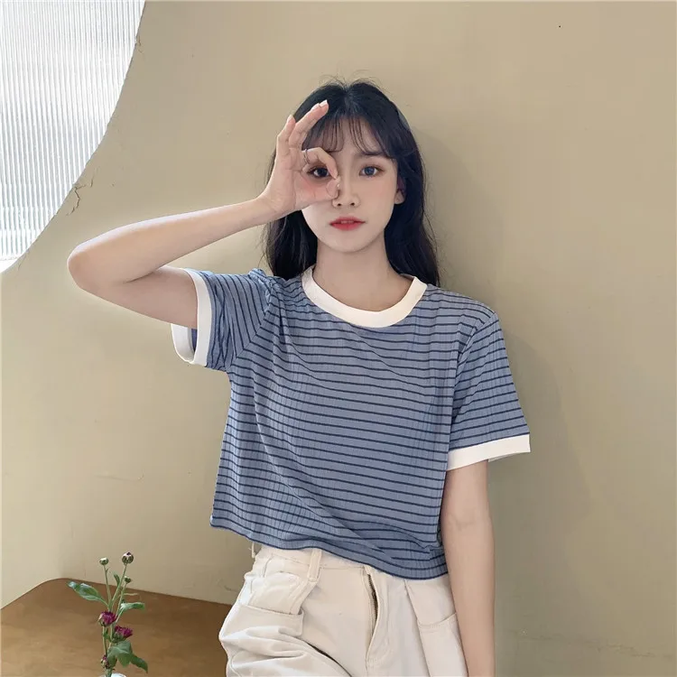 

Summer New Women's Clothing O-neck Striped Short Sleeve T-shirts Hipster Ins Causal Loose Ladies Tops Korean Preppy Style Tees