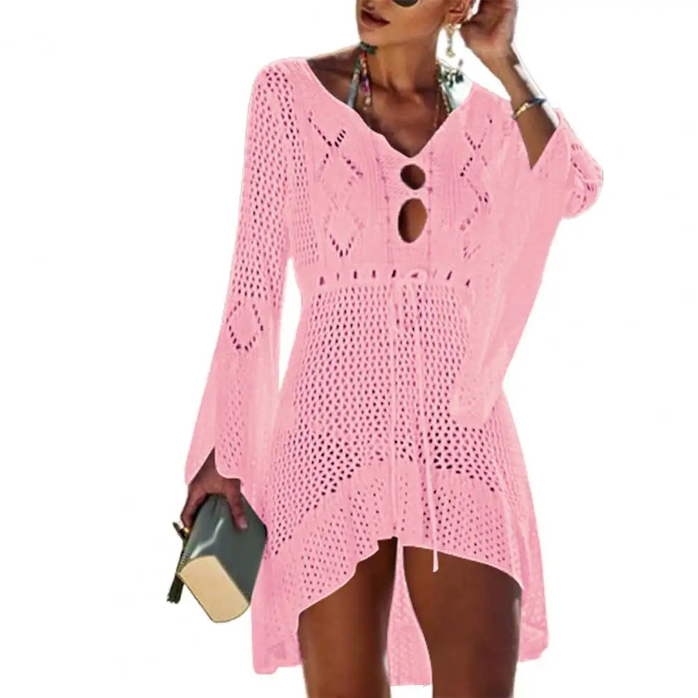 

2021 Beach swimwear women Cover Up Hollow Out Knitted Women Flared Sleeves Solid Color Beach Dress for Vacation Black One Size