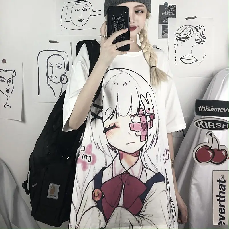 

Summer Japanese Kawaii Short-sleeved Shirt Female Student Korean Loose Lazy Harajuku Cute Girl Cartoon Shirt Top Plus Size