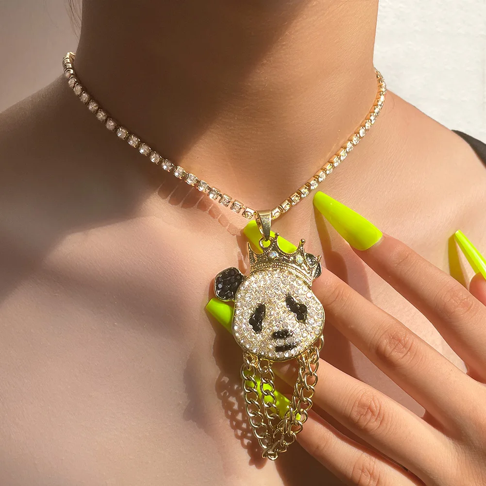 

Hip Hop Crown Panda Rhinestone Pendant Necklace For Women Bling Crystal Animal Tennis Chain Necklace Trendy Punk Jewelry Gift