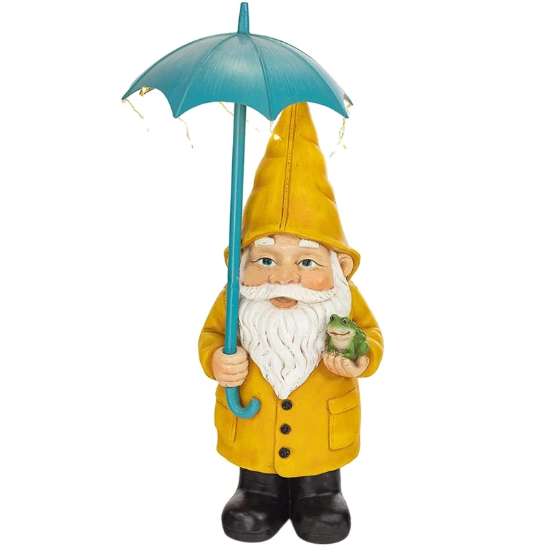 

Garden Gnome Statue Resin Rain Slicker Grandpa Figurine with Solar LED Lights Outdoor Decorations