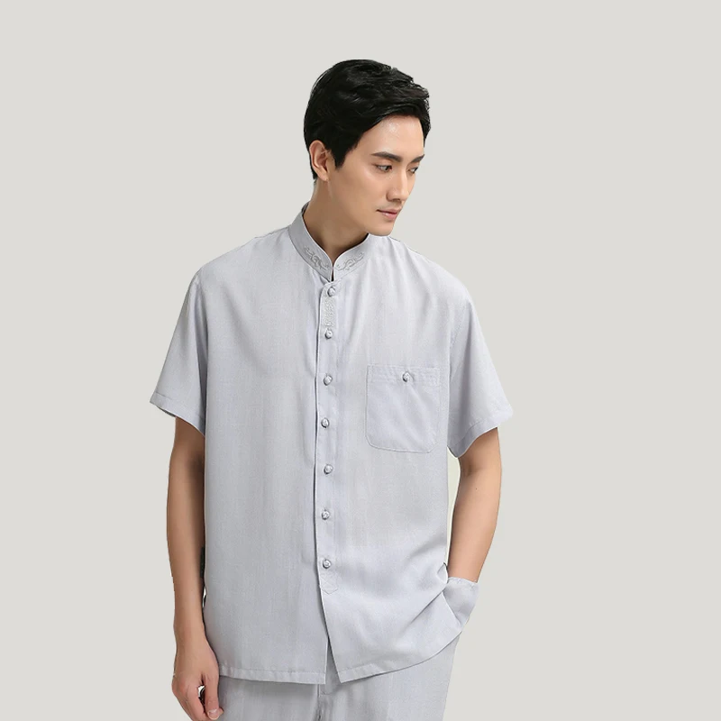 Фото Однотонная китайская блузка в традиционном стиле мужская рубашка из хлопка и