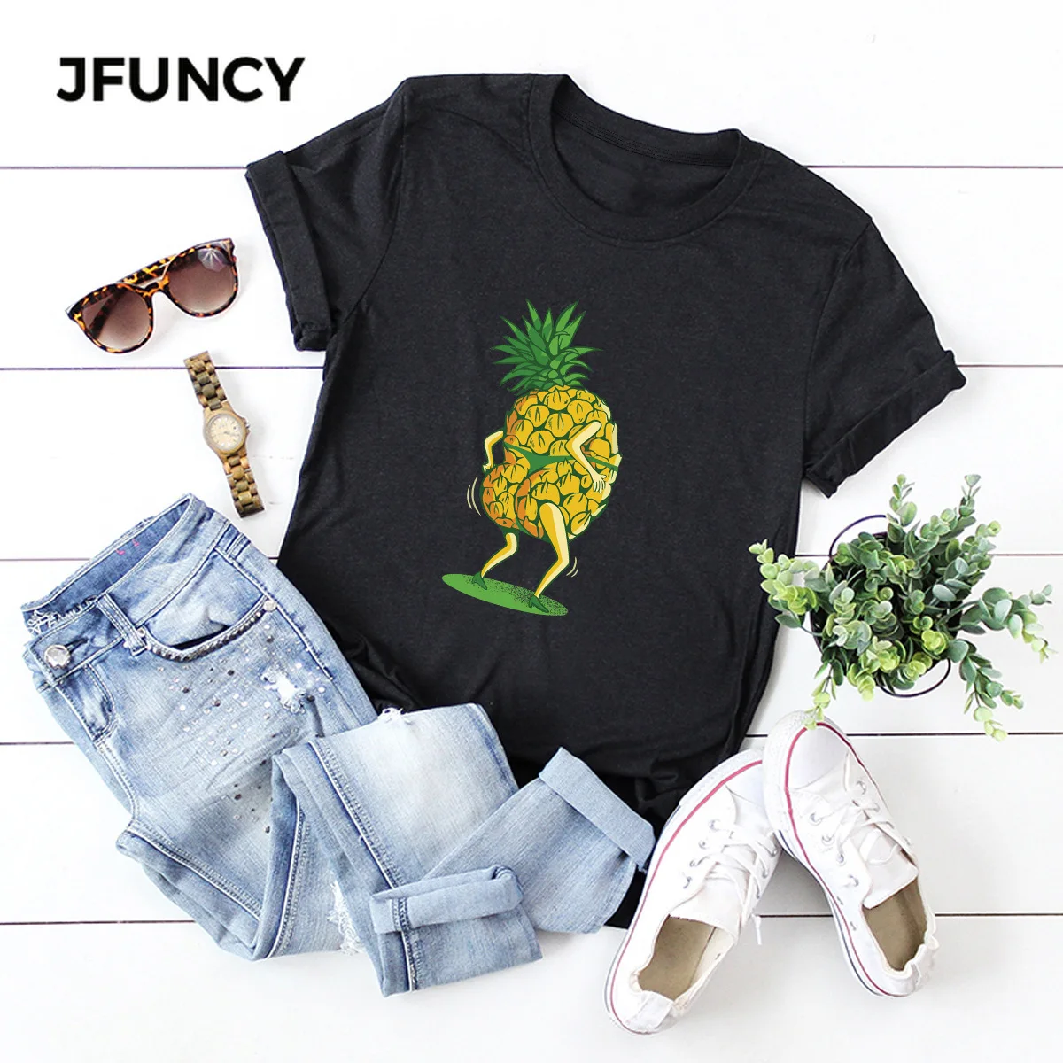 JFUNCY Cartoon Pineapple Print New T Shirt Women Short Sleeve Loose Tshirt  Woman Summer Cotton Tee Shirts  Female Tops