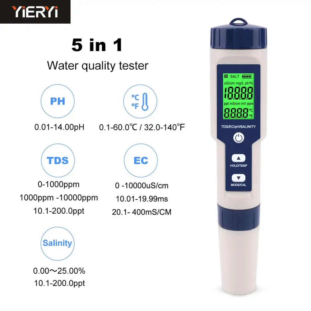 5 in 1 TDS/EC/PH/Salinity/Temperature Meter Digital Water Quality Monitor Tester for Pools, Drinking Water, Aquariums