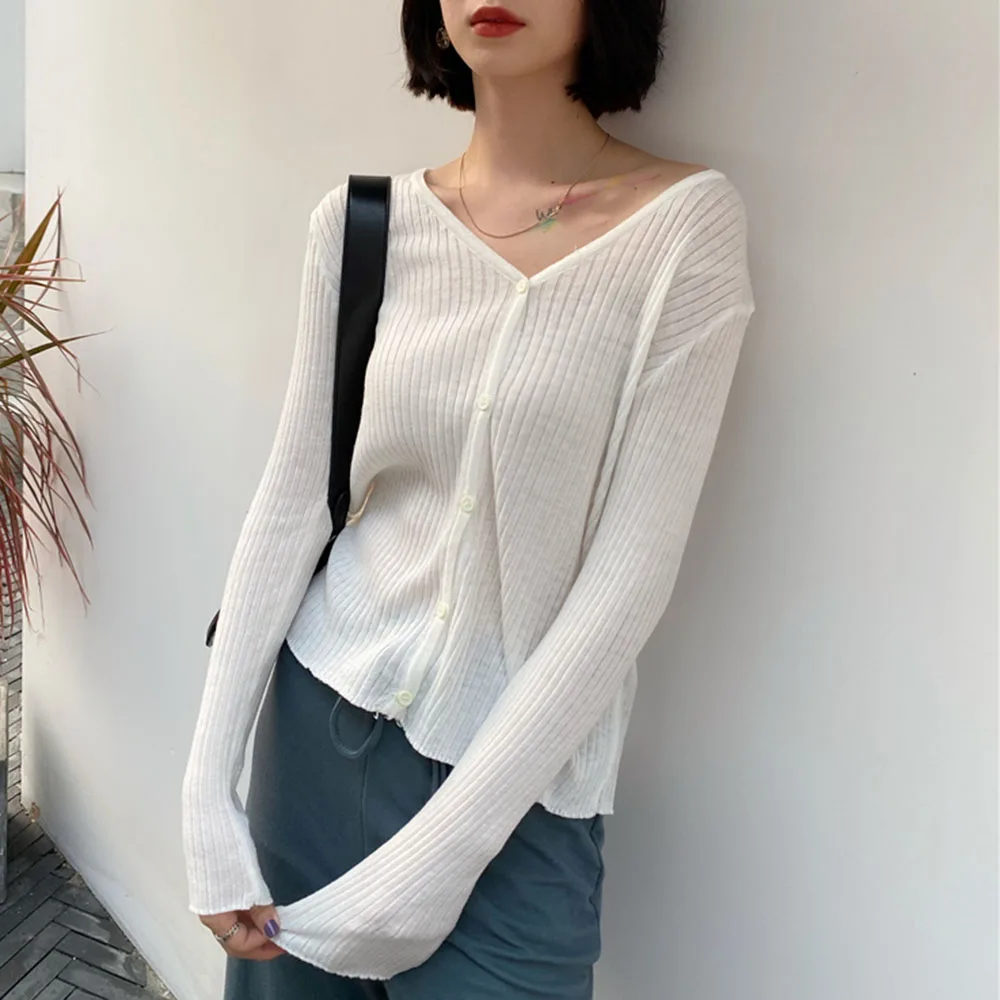 Женский тонкий свитер кардиган с v образным вырезом вязанная верхняя часть
