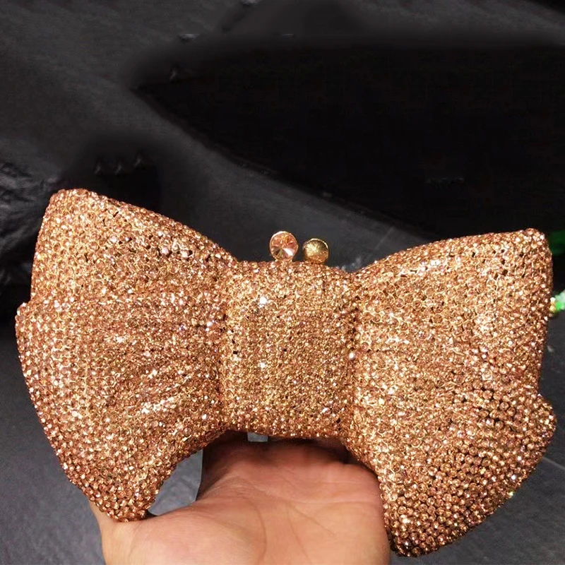 

XIYUAN Champagne Color Bow-Shaped Diamond Evening Clutch Bag Fashion Wedding Purse Elegant Women’s Shoulder Messenger Clutches