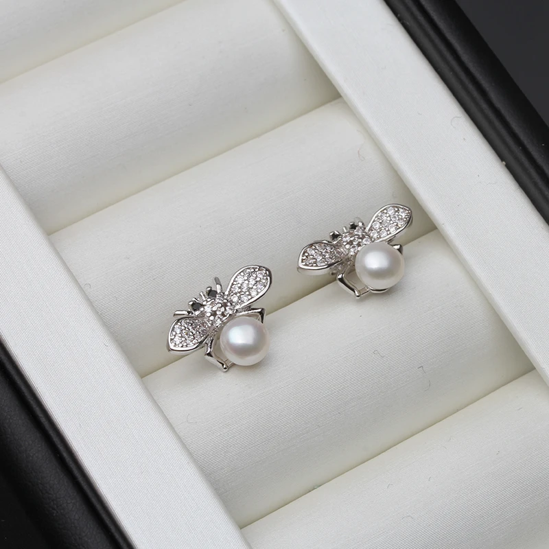 

925 Sterling Silver Stud Bee Earrings Jewelry,Fashion Natural River White Small Pearl Earring Wedding Gift