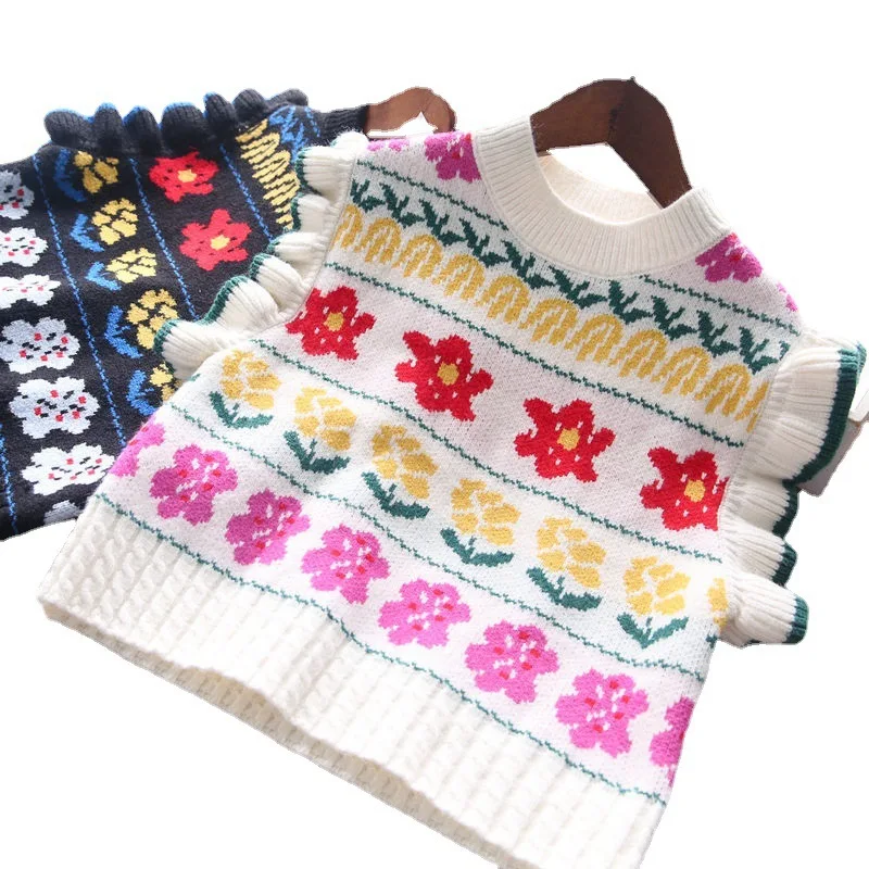 

Жилет, вязаный свитер, детский пуловер без рукавов с цветочным рисунком и оборками для маленьких девочек, Осенние Топы, одежда в английском ...