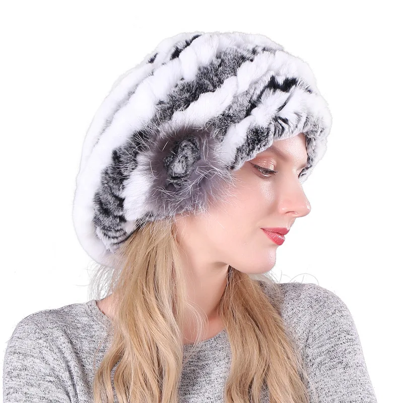 

2019 Hot Sale 100% Natural Silver Fox Fur Women Winter Hat Knitted Cap Women Hat Fox Fur Bomber Hat Female Ear Warm Winter Must