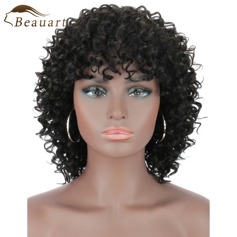 

Beauart Bob срез 100% человеческие волосы Полный парик для черных женщин 12 дюймов короткий естественный вьющийся парик с челкой афро глубокие вьющ...