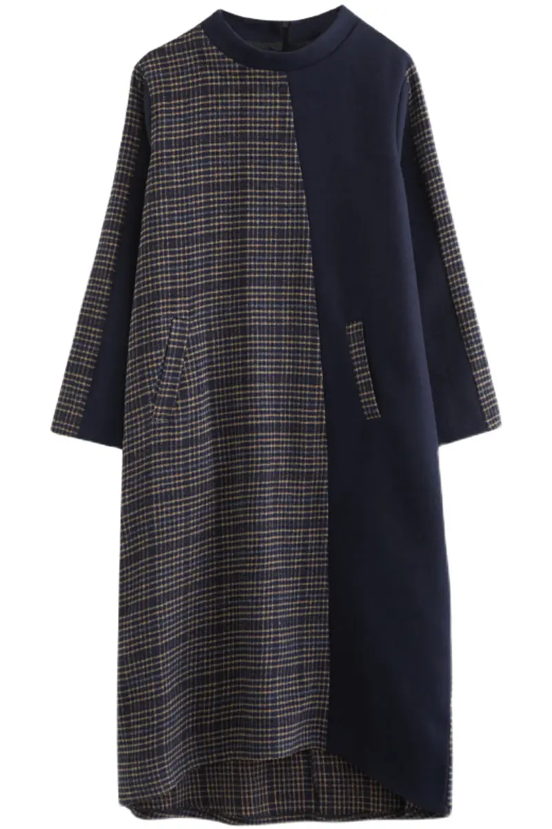 

Korean Plaid Stitching Cotton Dress Women 2020 Autumn and Winter Casual Warm Loose Wild Large Size Dress Irregular Robes k1272