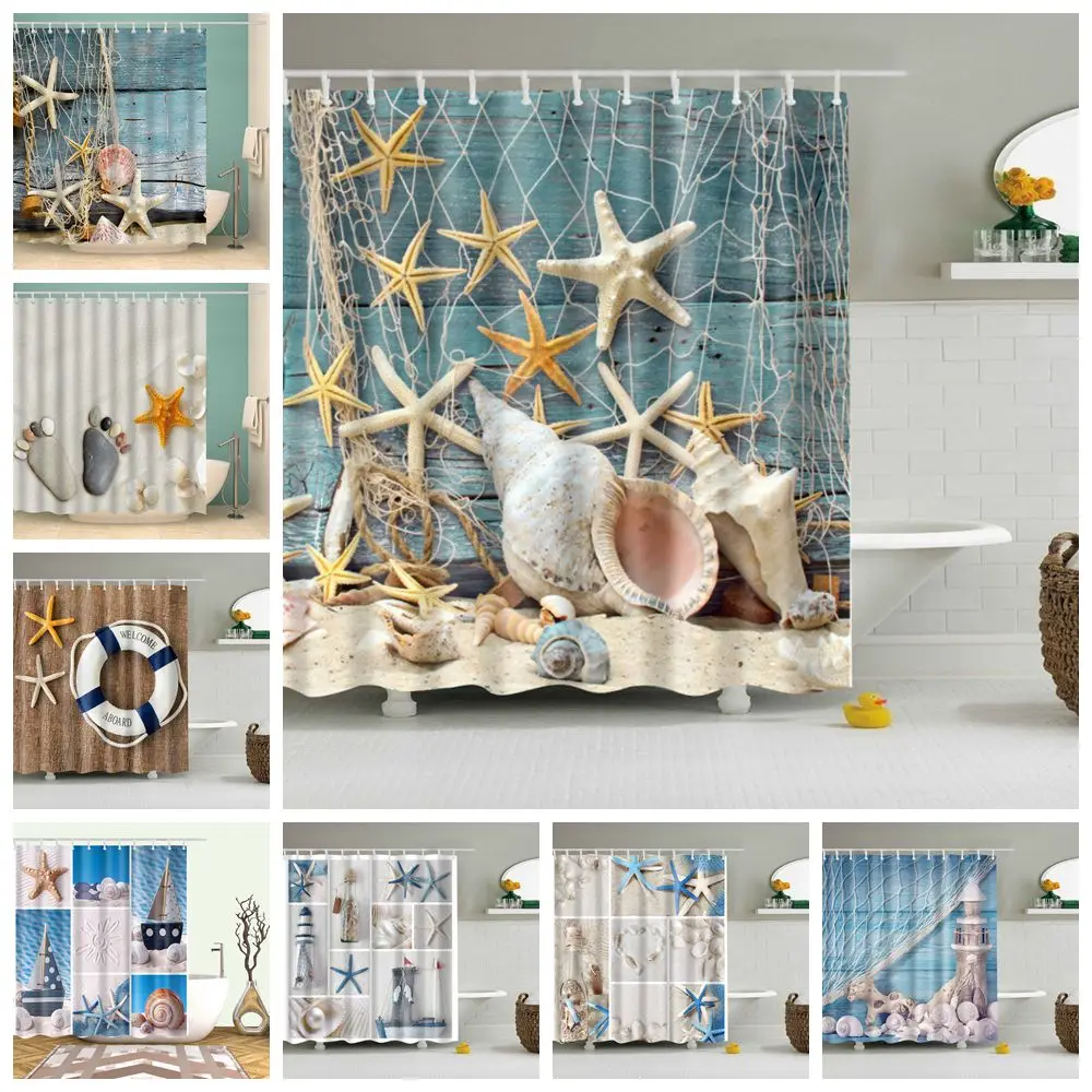 Colorful Beach Conch Shower Curtain starfish Shell Waterproof bath curtain Printing Bathroom Decor large 200x180cm sweetenlife | Дом и сад