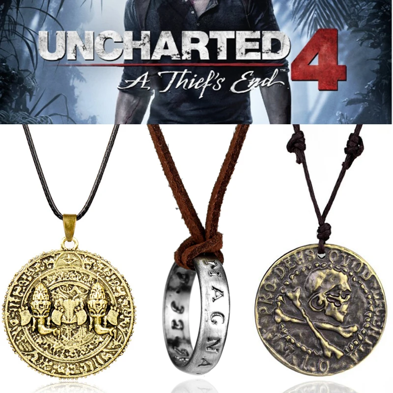 

Uncharted 4 necklace Drake Skull Gold Coin Pendant Necklace Mens Game Jewelry Leather Rope Cord Chain Charm Necklaces