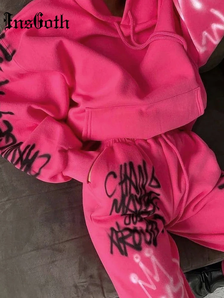 

Повседневный Женский костюм InsGoth Y2K с принтом, спортивный свободный хлопковый комплект из двух предметов, толстовка с длинным рукавом и брюк...