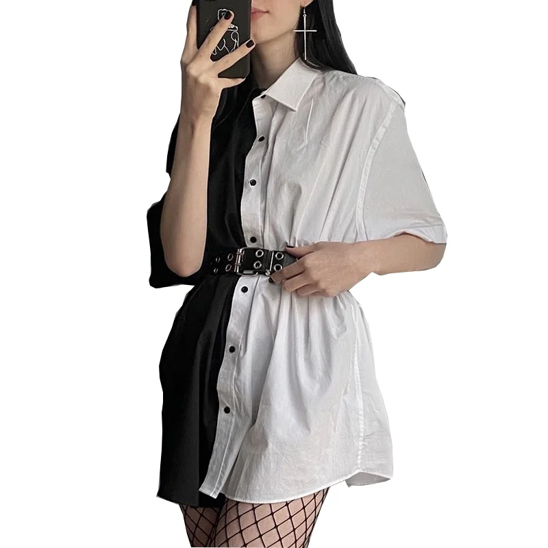 

summer Black and white women dresses fashion loose turn-down collar women's dress Casual High waist dresses for ladies party