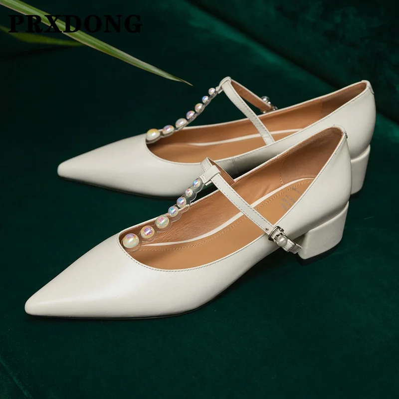

Women Pumps Thick Med Heels Brand Design Genuine Leather Pointed Toe Dress Party Sandals Summer Beige Wedding Shoes Woman 34-41