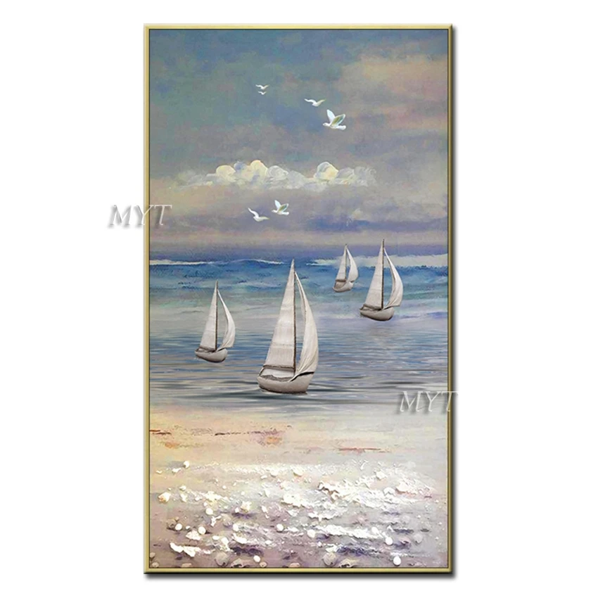 

Seagulls In Flight Saling Boats On The Sea 100% Handpainted Paintings Wall Art Home Decor Picture Modern Oil Painting On Canvas