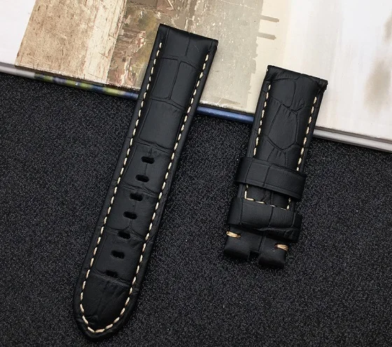 Black beige line Ремешок для часов из натуральной кожи 22 мм 24 мм 26 мм темно-коричневый черный аксессуары съемный браслет для наручных часов для Panerai ремешок инструменты пряжка с язычком - Цвет ремешка: Black beige line