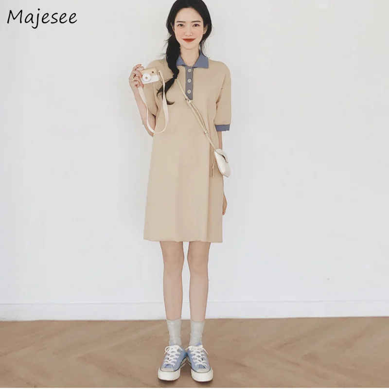 

Short Sleeve Dress Women Preppy Style Fresh Patchwork Turn Down Collar Loose Button Knitted Simple Leisure Fashion Ulzzang New