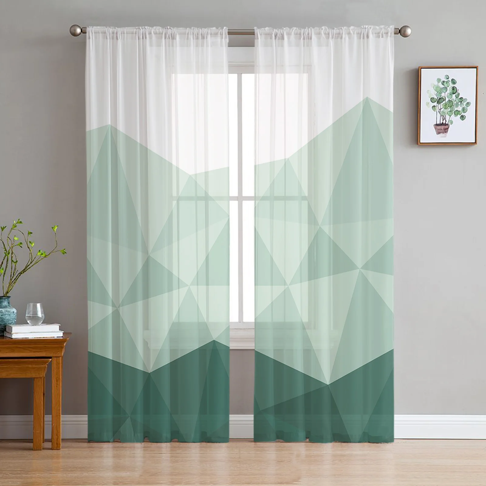 

Geometric Green Triangle Tulle Sheer Window Curtains for Living Room Kitchen Children Bedroom Voile Hanging Curtain