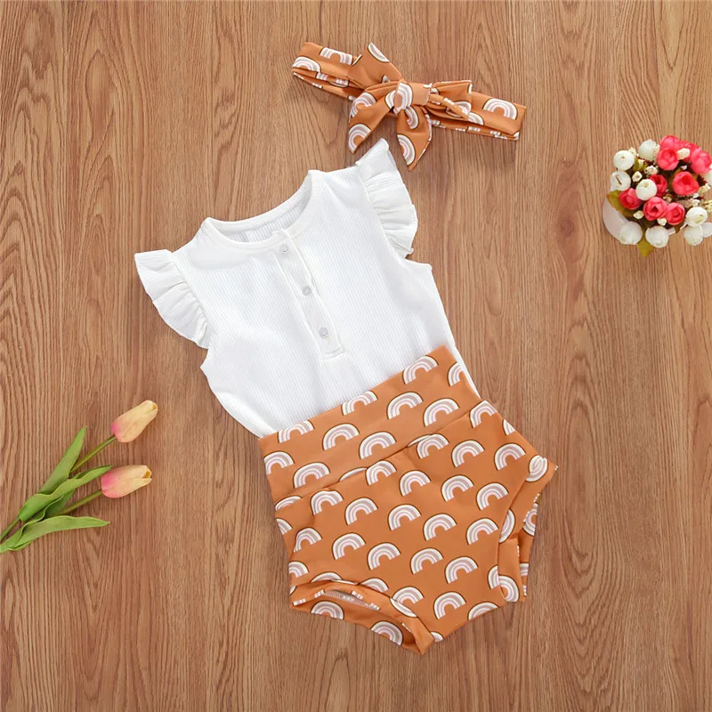 

Summer 0-24M Newborn Infant Baby Girls Short Sleeve Romper Printed Shorts Headband 3Pcs Outfits Set