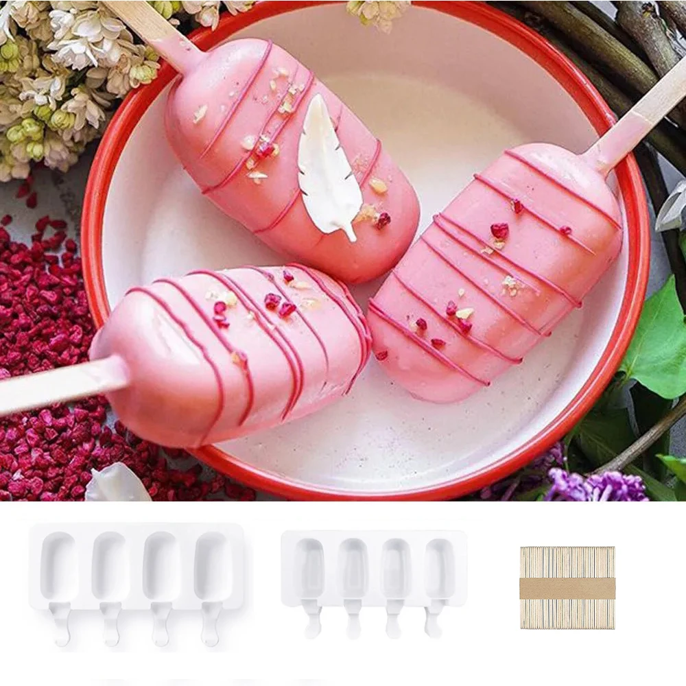

4 - Cavities Ice Cream Mold Reusable Silicone Ice Pop Molds DIY Homemade Fruit Juice Dessert Ice Pop Lolly Tray Mould