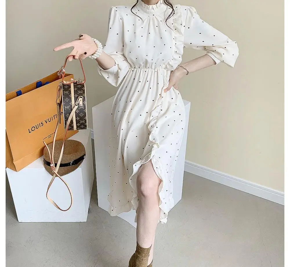 Элегантное женское платье с О образным вырезом и оборками разрезом длинным