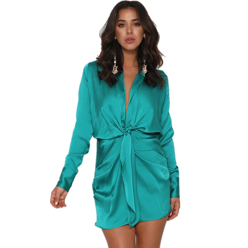 

Fashion sexy V-neck shirt skirt long-sleeved imitation silk dress 2021 spring and summer new women's dress women's clothing