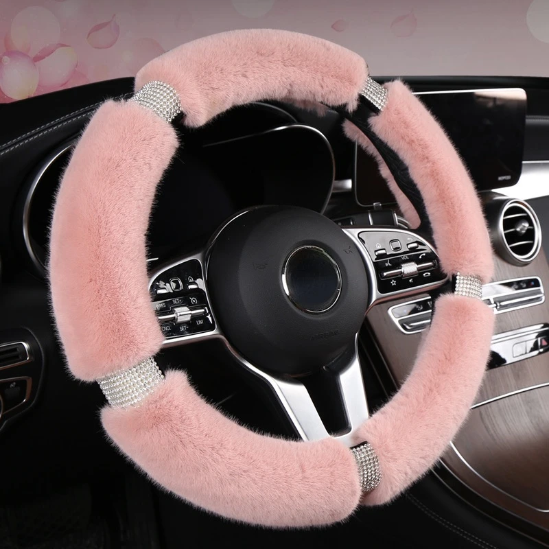 

Car Steering Wheel Cover Fluffy Fashion Diamond-studded Plush Grip Covers 38cm Universal Pink Car Accessories Interior for Women
