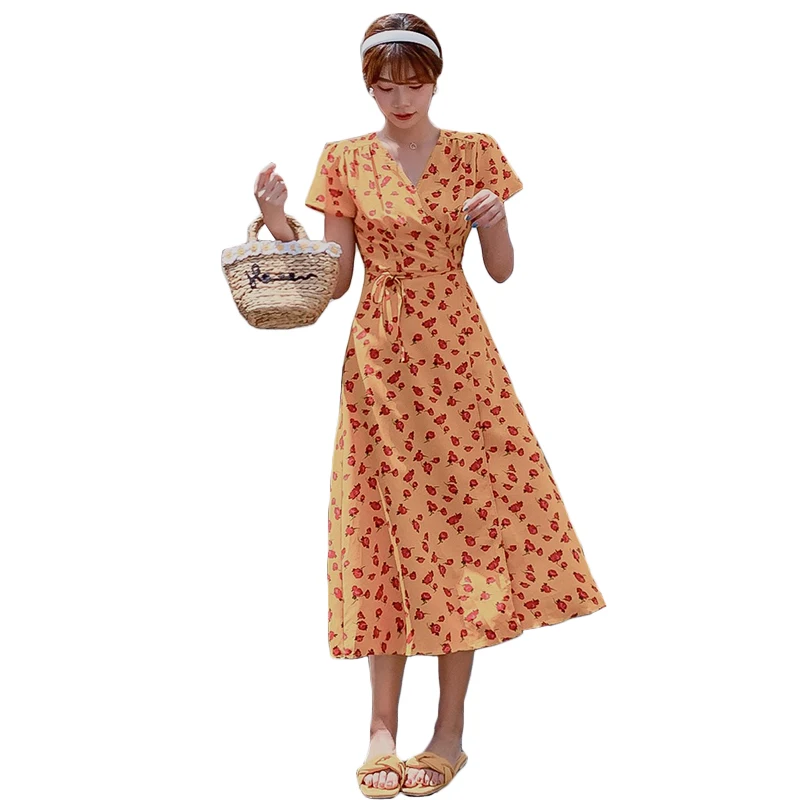 

COIGARSAM French Style Floral Print Women Long dress Summer Vintage Dresses Physical Color Dark 1024