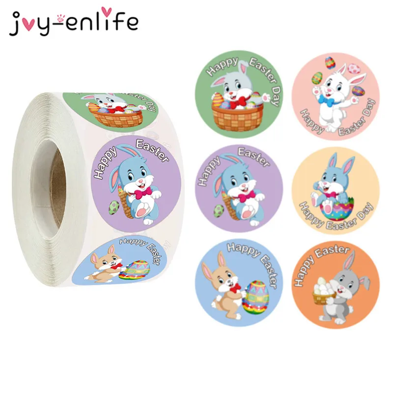 

500pcs Bunny Happy Easter paper Sticker Easter Rabbit Egg Baking Self Adhesive Sticker Labels Easter Party Gift Bag Box decor