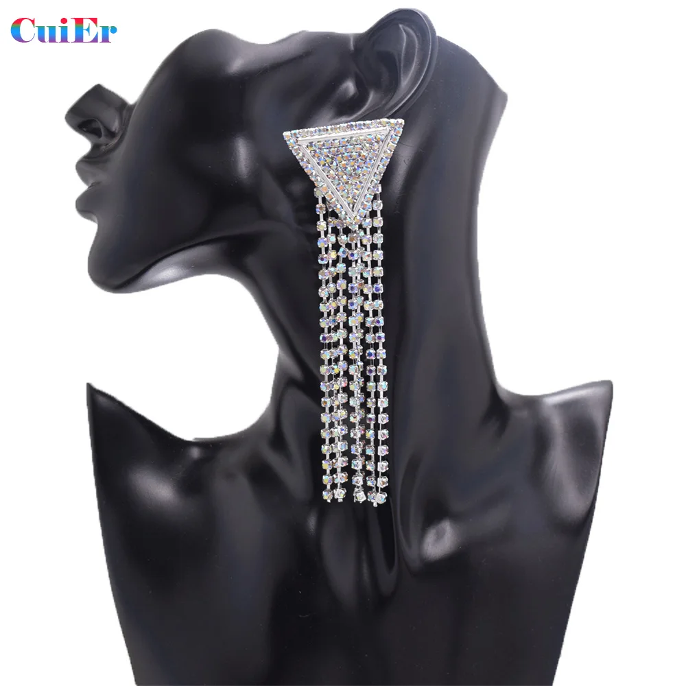 

11.8cm Exaggerated triangular metal rhinestones tassel big women earrings crystal AB bridal jewelry earring wedding accessoies