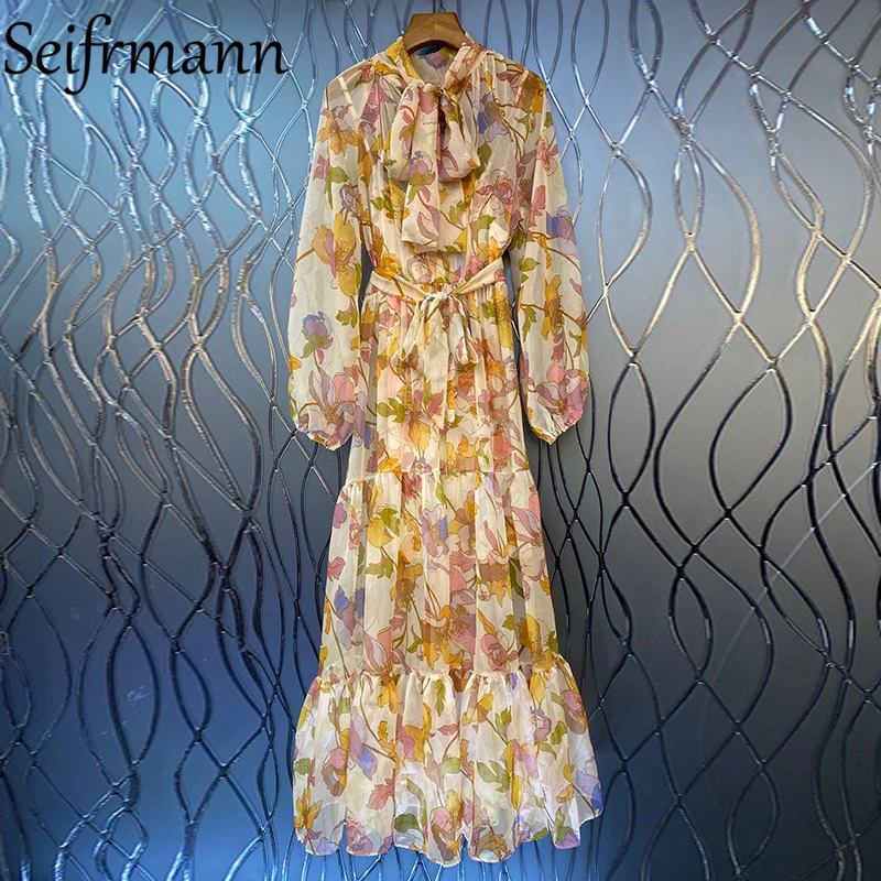 

Seifrmann, новинка 2021, Осеннее женское модное дизайнерское пляжное праздничное длинное платье с рукавами-фонариками и бантом, платье с цветочны...