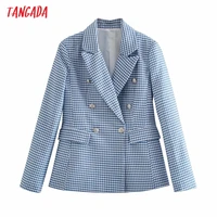 tangada women blue plaid print blazer coat vintage double breasted long sleeve female outerwear chic tops 4m45