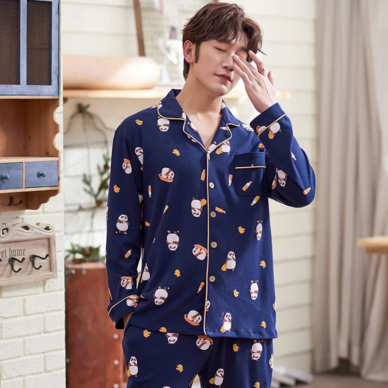 Мужская пижама с длинными рукавами на весну и осень хлопковый комплект домашней