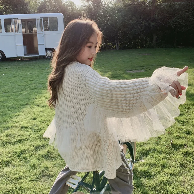 

2021 autumn and winter children's clothing new children's foreign air mesh super fairy cardigan sweater girls pure color sweater